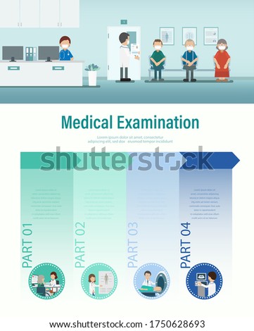 Medical examination infographic with doctors and patients  flat design vector illustration