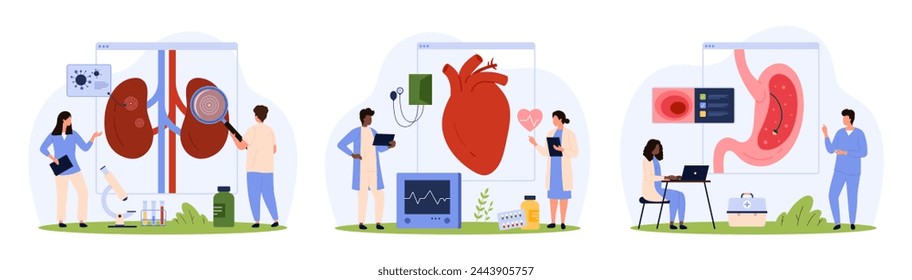 Medical examination of internal organs in hospital set. Tiny people check kidneys health with magnifying glass and stomach with endoscope, monitor heart on EKG machine cartoon vector illustration