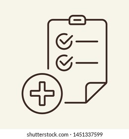 Medical examination list line icon. Cross, checklist, patient report. Medical help concept. Vector illustration can be used for topics like medical checkup, health care, insurance