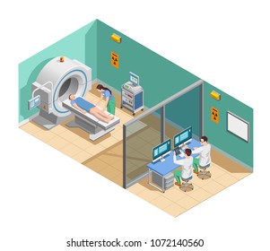 Medical examination with mri scanner, patient and doctors, isometric composition with interior elements vector illustration 