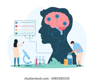 Examen médico del sistema nervioso en el hospital, neurociencia y neurología diagnóstico y tratamiento. Las personas pequeñas investigan el cerebro en la cabeza humana con la Ilustración vectorial de dibujos animados de electroencefalografía