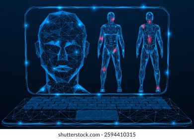 Medical examination of the patient. Information about the human skeleton in the laptop monitor. Polygonal design of interconnected elements. Blue background.