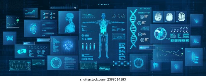 Examen médico de una persona que utiliza IA al estilo HUD con datos e infografías, modelo de ADN 3D, rayos X, resonancia magnética. Aplicación médica futurista, tablero de interfaz de usuario. Salud del futuro con IA. Investigación HUD 3D