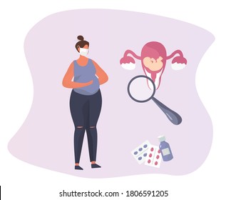 Medical Examination of Pregnant in Quarantine.Gynecology Clinic.Pregnant Visiting Gynecologist.Huge Uterus.Artificial Insemination.Pregnancy Fertility Clinic.Motherhood.Flat Vector Illustration