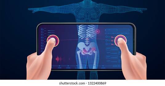 Medical examination, scanning with a mobile phone. Future technology. Display x-ray set of virtual interface elements. A man holding a phone in his hands,scans.