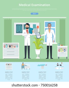 Medical examination service with two doctors in white robes in hospital room. Vector illustration with healthcare services on green background