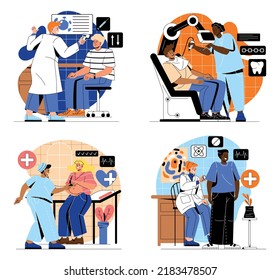 Medical Examination. Set Of Doctors Checking Health. Dental Treatment, Pregnancy Diagnostics And Temperature Measurement. Gynecologist, Pulmonologist And Virologist. Cartoon Flat Vector Collection