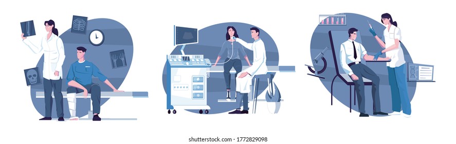 Medical examination set of three isolated compositions with flat characters of patients doctors and diagnostics equipment vector illustration