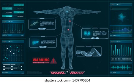 Medical examination in style HUD GUI. Medical Health Care Human Virtual Body Hi Tech Diagnostic Panel. Modern medical science in future and global international medical with tests analysis clone DNA