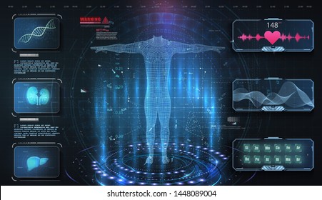 Medical examination in style HUD, UI, UX, GUI. Medical Health Care Human Virtual Body Hi Tech Diagnostic Panel. Modern medical science in future. Virtual Body Hi Tech Diagnostic Analysis clone DNA.