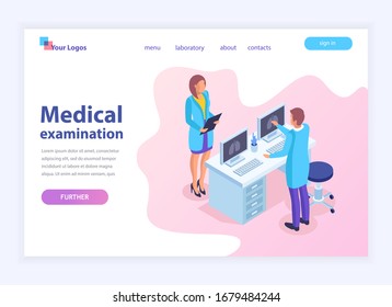 Medical examination template for web sites etc. Medical workers and patients. Modern isometric illustration.