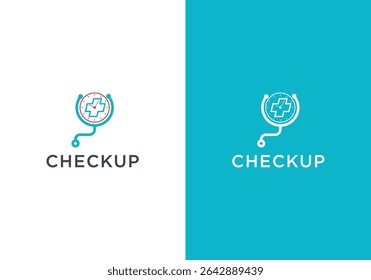 Medical examination time vector logo template. combination of stethoscope and time clock symbol	