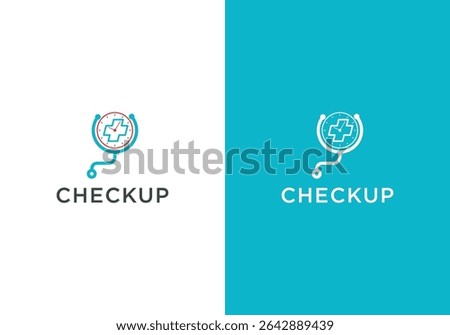 Medical examination time vector logo template. combination of stethoscope and time clock symbol	