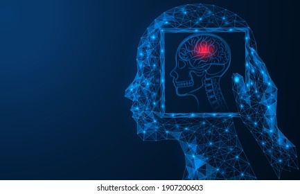 Medical examination. Timely diagnosis and treatment of diseases. The hand holds a tablet with a picture of the affected area of the brain. Polygonal construction of lines and points. Blue background.