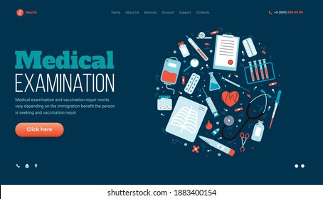Medical examination website page design template with medical tools on bright background, flat cartoon vector illustration. Landing page mockup for online medicine.