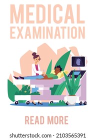 Medical examination and x-ray scan banner or poster, flat cartoon vector illustration. Healthcare examination and ultrasound diagnostics clinic banner mockup.