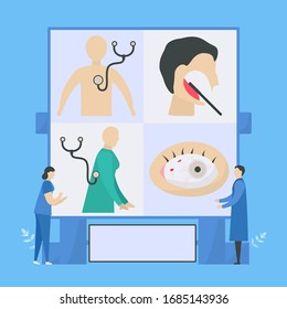 Medical examinations of doctor. They check up heart rate, mouth, throat, lung, eye. Workflow of patient care. Vector illustration in tiny style.