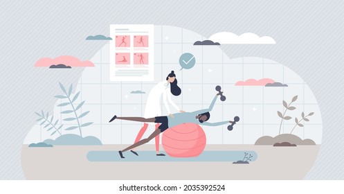 Medical exercise and physiotherapy as recovery fitness tiny person concept. Rehabilitation after injury or trauma as body stretching and spine treatment vector illustration. Health care activities.