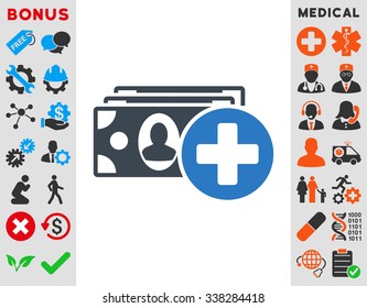 Medical Expences vector icon with bonus. Style is bicolor flat symbol, smooth blue colors, rounded angles, white background.