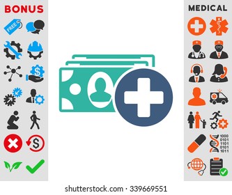 Medical Expences vector icon with bonus. Style is bicolor flat symbol, cobalt and cyan colors, rounded angles, white background.