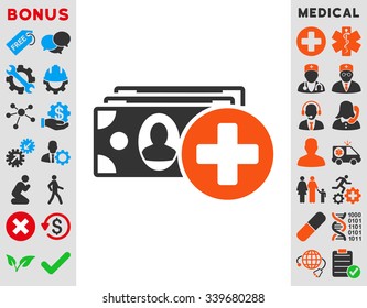 Medical Expences vector icon with bonus. Style is bicolor flat symbol, orange and gray colors, rounded angles, white background.