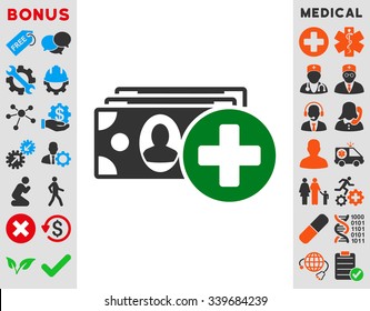 Medical Expences vector icon with bonus. Style is bicolor flat symbol, green and gray colors, rounded angles, white background.