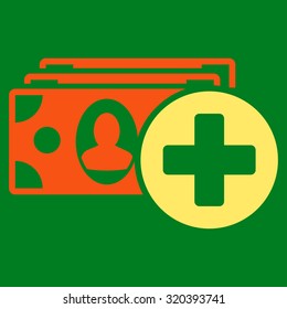 Medical Expences vector icon. Style is bicolor flat symbol, orange and yellow colors, rounded angles, green background.