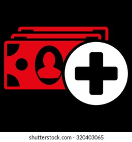 Medical Expences vector icon. Style is bicolor flat symbol, red and white colors, rounded angles, black background.