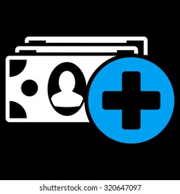 Medical Expences vector icon. Style is bicolor flat symbol, blue and white colors, rounded angles, black background.
