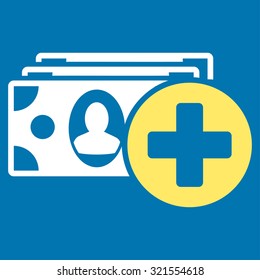 Medical Expences vector icon. Style is bicolor flat symbol, yellow and white colors, rounded angles, blue background.