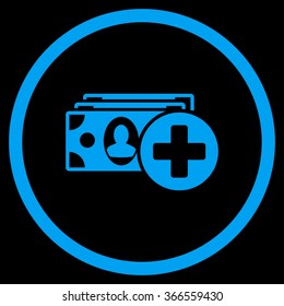 Medical Expences vector icon. Style is flat circled symbol, blue color, rounded angles, black background.