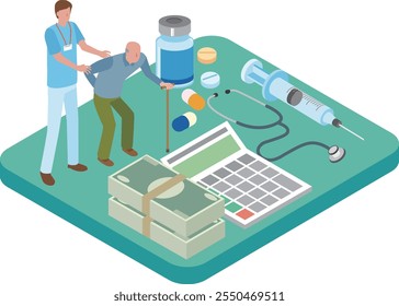 Despesas médicas e ilustração do homem idoso