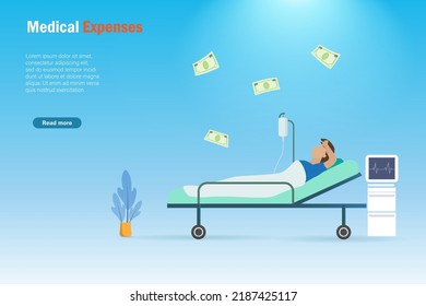 Paciente en cama de hospital con dinero volador, sintiendo preocupación por los gastos médicos. Idea para el seguro de salud y la planificación de la inversión financiera para la atención médica.