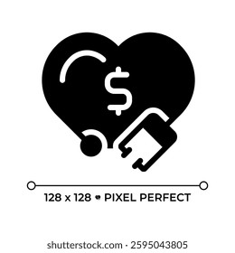 Medical expenses pixel perfect black glyph icon. Clinical service, healthcare cost. Financial management, economy. Silhouette symbol on white space. Solid pictogram. Vector isolated illustration