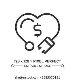 Medical expenses pixel perfect linear icon. Clinical service, healthcare cost. Financial management, economy. Thin line illustration. Contour symbol. Vector outline drawing. Editable stroke