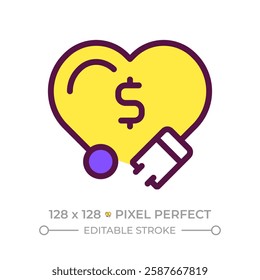 Medical expenses pixel perfect RGB color icon. Clinical service, healthcare cost. Financial management, economy. Isolated vector illustration. Simple filled line drawing. Editable stroke