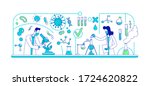 Medical experiment thin line concept vector illustration. Science lab workers, biologists 2D cartoon characters for web design. Scientists studying virus pathogen. Coronavirus research creative idea