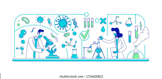 Medical experiment thin line concept vector illustration. Science lab workers, biologists 2D cartoon characters for web design. Scientists studying virus pathogen. Coronavirus research creative idea