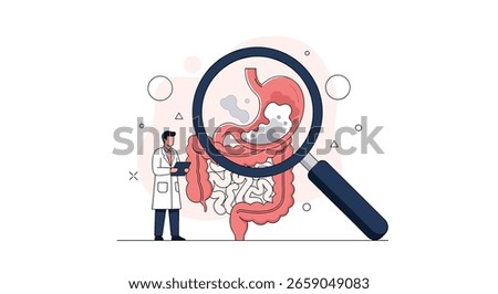 Medical expert examines digestive system health under magnifying glass for accurate diagnosis and treatment