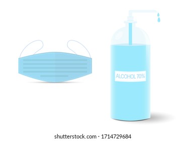 Medical face mask and alcohol sanitizer hand gel bottle on white background vector illustration