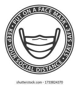 Medical face mask badge design (icon design in circle): flat simple line symbol with text in black white color. Vector round sign Isolated on white background