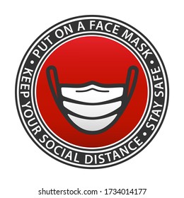 Medical face mask badge design (icon design in circle): flat simple line symbol with text in black, red and white color. Vector round sign Isolated on white background
