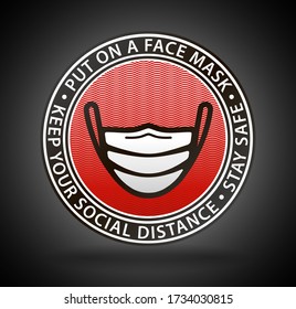Medical face mask badge design (icon design in circle): flat simple line symbol with text in black, red and white color. Vector round sign Isolated on black background