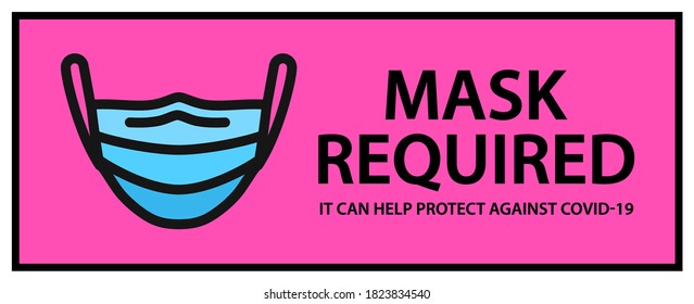 Medical face mask banner: flat simple line symbol in black and blue and text: mask required (coronavirus protection). Vector door sign on pink background for pandemic,to prevent the spread of COVID-19