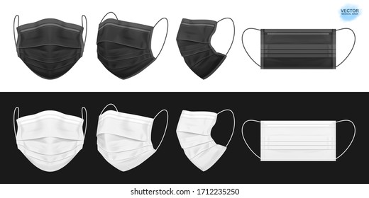 Medical face mask, black and white. Set of isolated masks for the doctor or nurse. Protection against coronavirus, virus, dust, dirty air. Vector EPS 10.