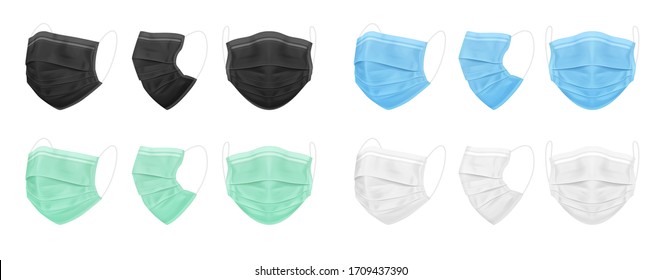 Medical face mask, blue, black, white, green. Set of isolated masks for the doctor or nurse. Protection against coronavirus, virus, dust, dirty air. Vector EPS 10.