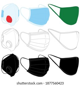 Medical face mask. Different types of surgical mask to protect against viruses and respiratory diseases. Airways protection.