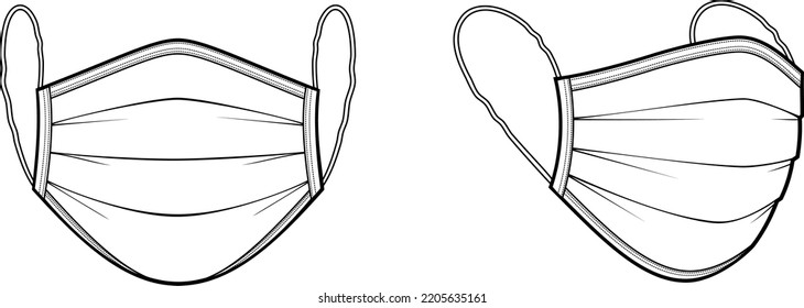 Medical face mask flat sketch. Virus coronavirus covid19 protection. CAD mockup. Front side. Fashion technical drawing template. Vector illustration. 