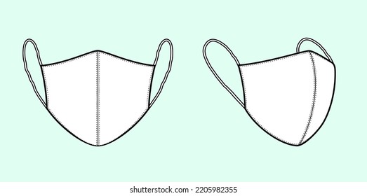 Medical face mask flat sketch. Virus coronavirus covid19 protection. CAD mockup. Front side. Fashion technical drawing template. Vector illustration. 