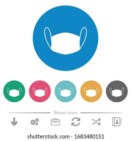 Medical face mask flat white icons on round color backgrounds. 6 bonus icons included.